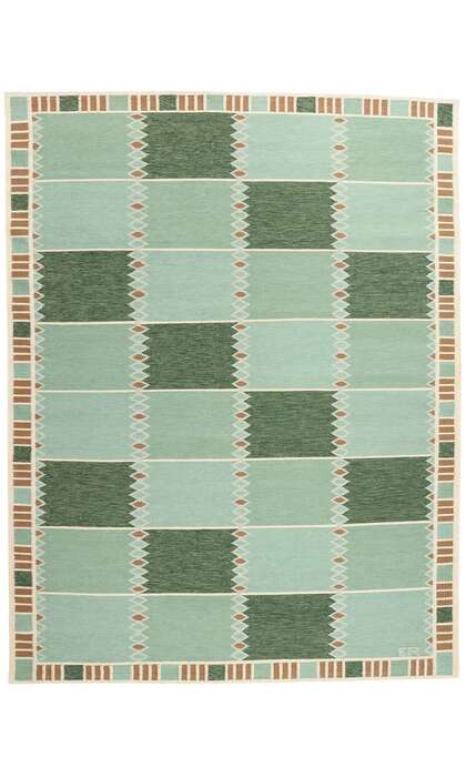 10 x 14 Scandinavian Modern Green Swedish Inspired Kilim Rug 31113