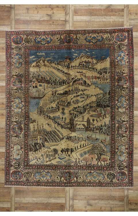 9 x 12 Distressed Antique Persian Tabriz Pictorial Rug with Cartouche Border 53653