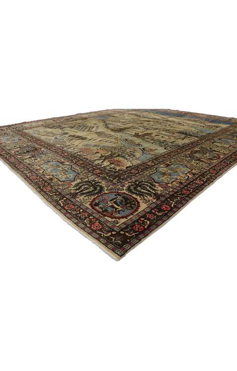 9 x 12 Distressed Antique Persian Tabriz Pictorial Rug with Cartouche Border 53653