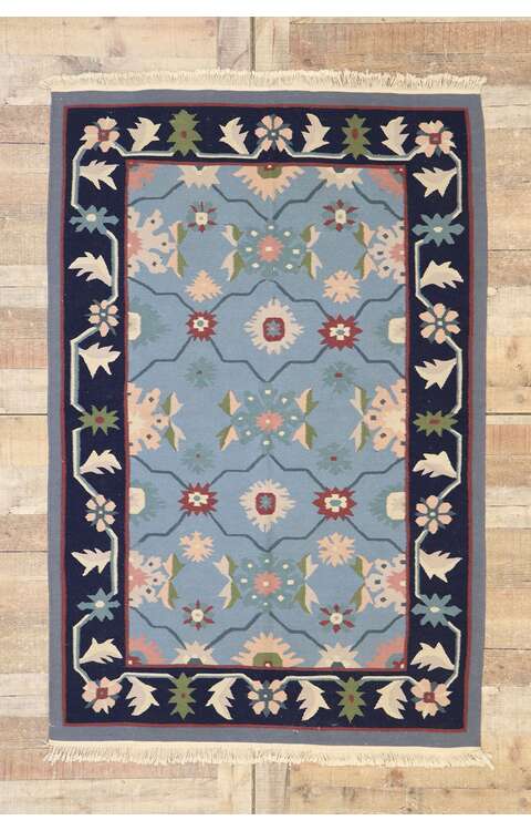 4 x 6 Vintage Romanian Floral Kilim Rug with Folk Art Cottage Style 77991
